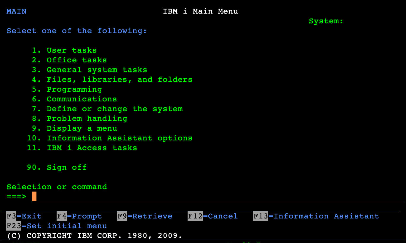 IBM main menu IBM terminal screen